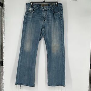 BKE Mens Tyler Jeans 38x32 Blue Distressed Bootcut Medium Wash Denim Frayed